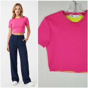 ZARA Scuba Crop Top Baby Tee size S Reversible Neon Pink/Yellow